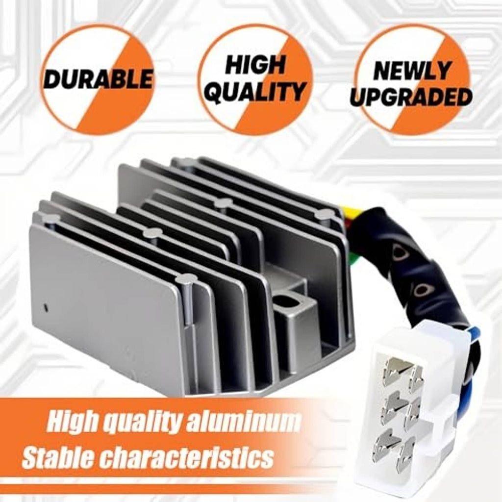 Aluminum-cased voltage regulator rectifier with finned heatsink and white connector plug