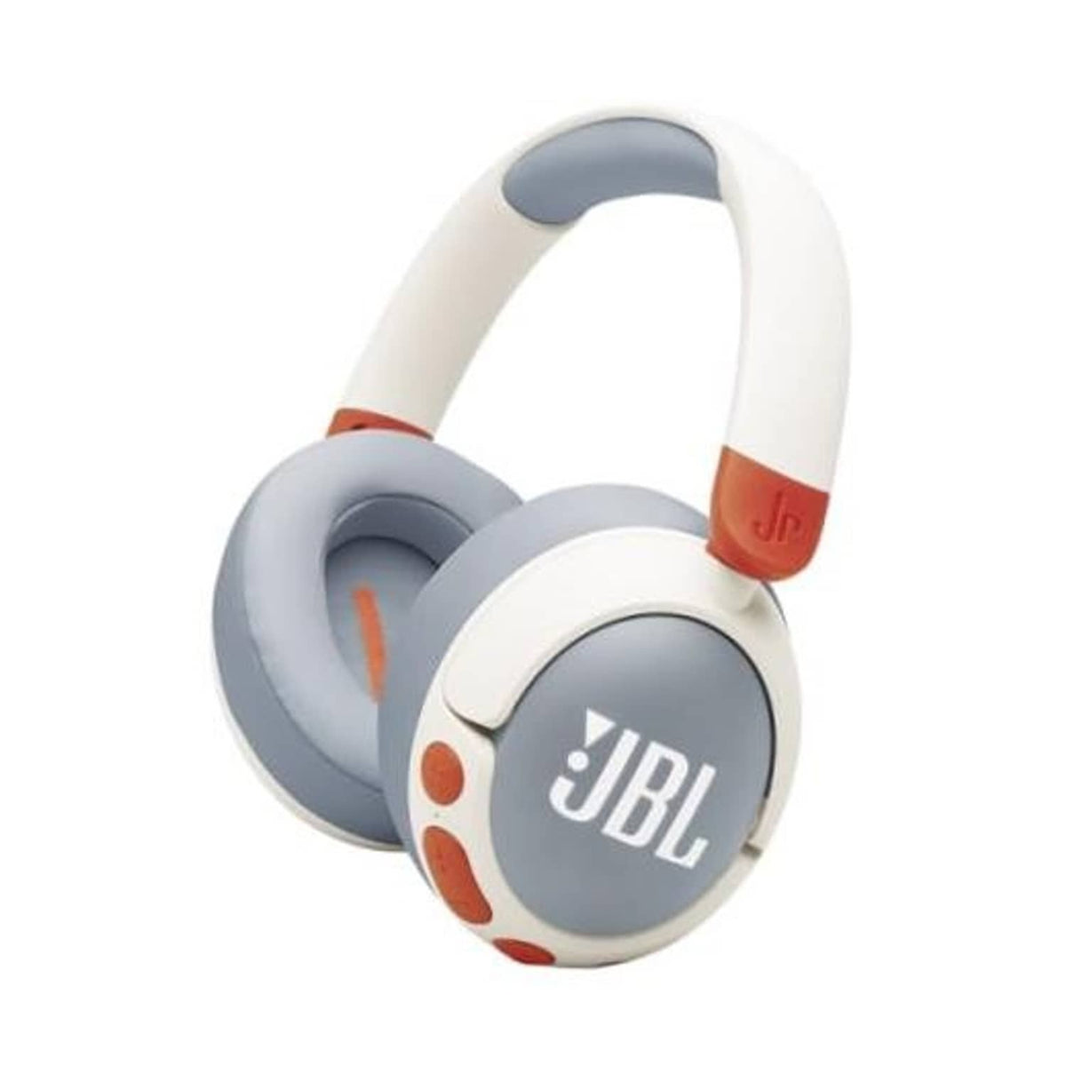 Kids noise-cancelling over-ear headphones in white with gray ear pads, JBL logo.