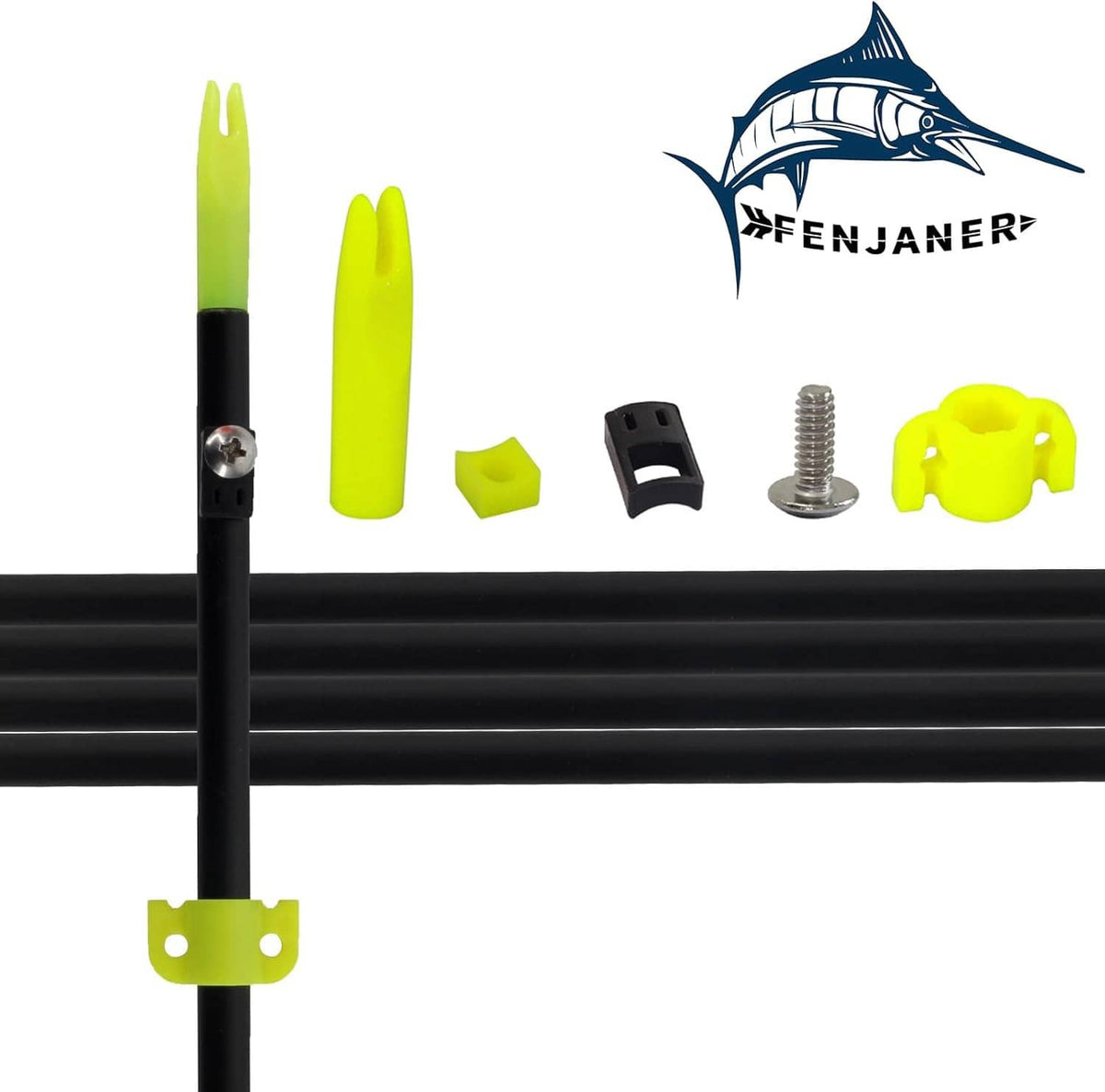 Bowfishing arrow safety slide parts: neon yellow sleeves, black clamps, and screws