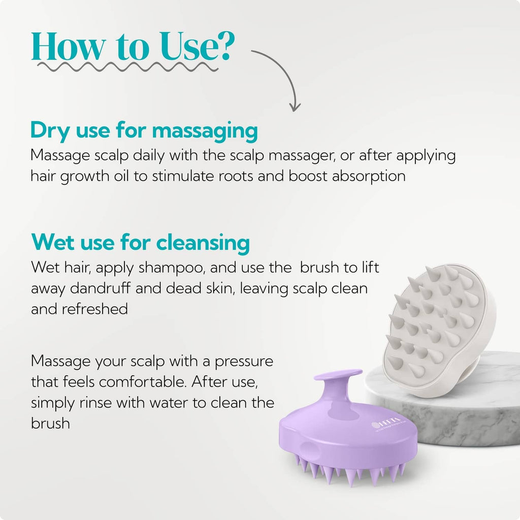 Purple and white scalp massager scrub brushes showing flexible bristle surfaces.