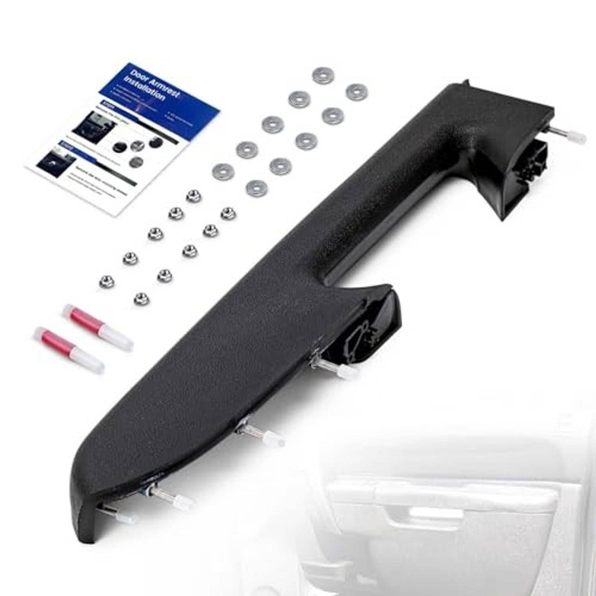 Black front passenger armrest with mounting bracket and hardware kit pieces