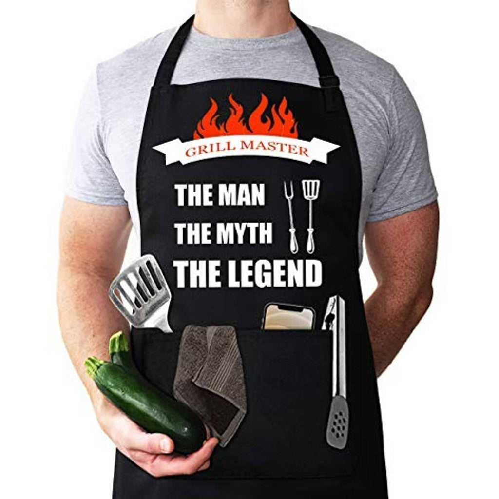 Black grilling apron with flame “Grill Master” logo, utensil icons, front slogan print