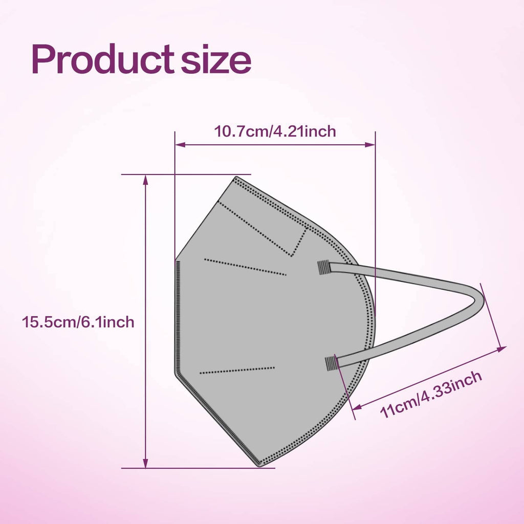Grey KN95 face mask sizing diagram with approximate width and length