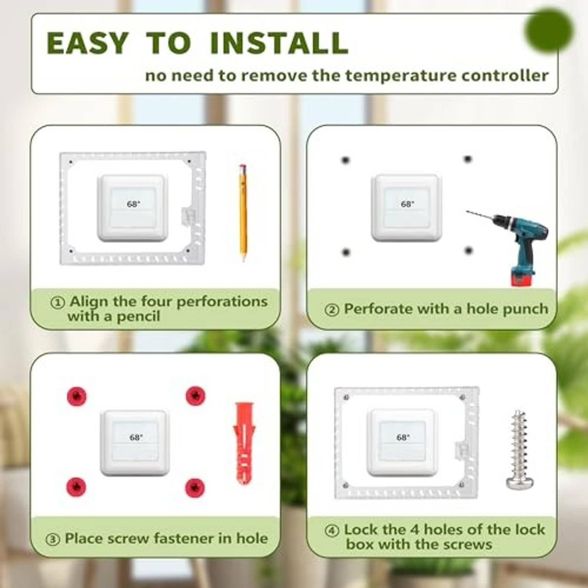 Thermostat lock box installation steps showing lock frame, screws, and tools