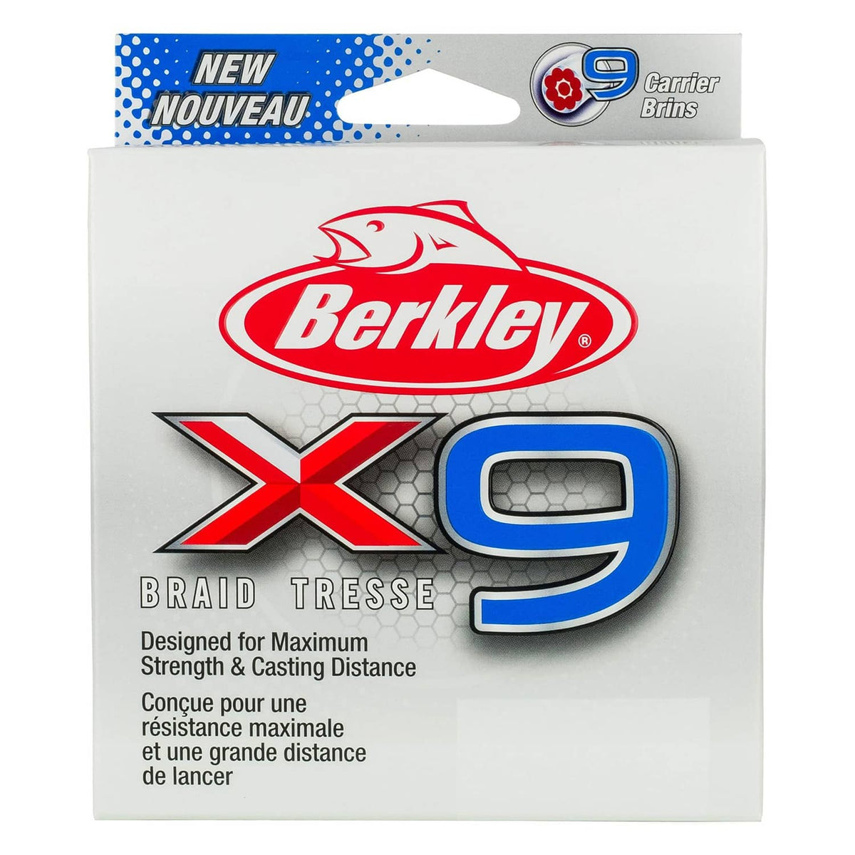 Berkley X9 braided fishing line box, low-visibility crystal, 9 carrier brins