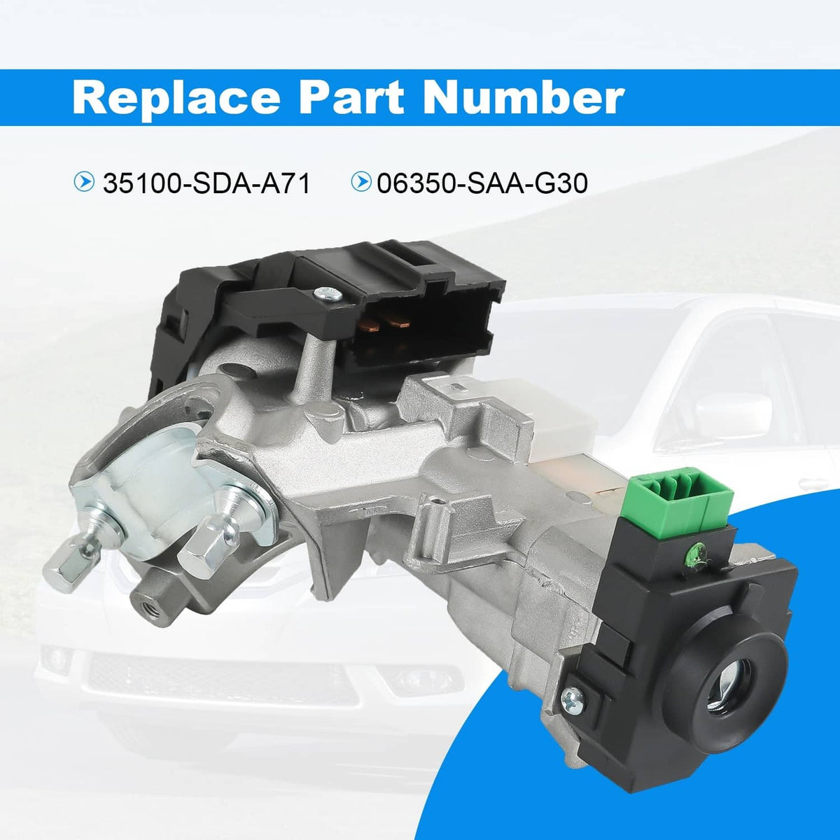 Ignition switch lock cylinder assembly with keys and green electrical connector