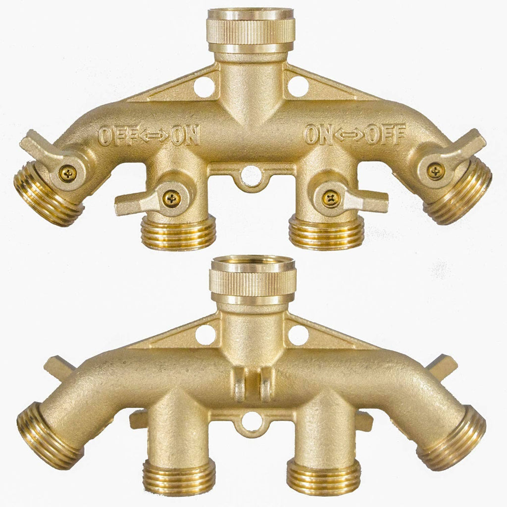 Brass 4-way garden hose splitter, front and rear views with four outlet ports