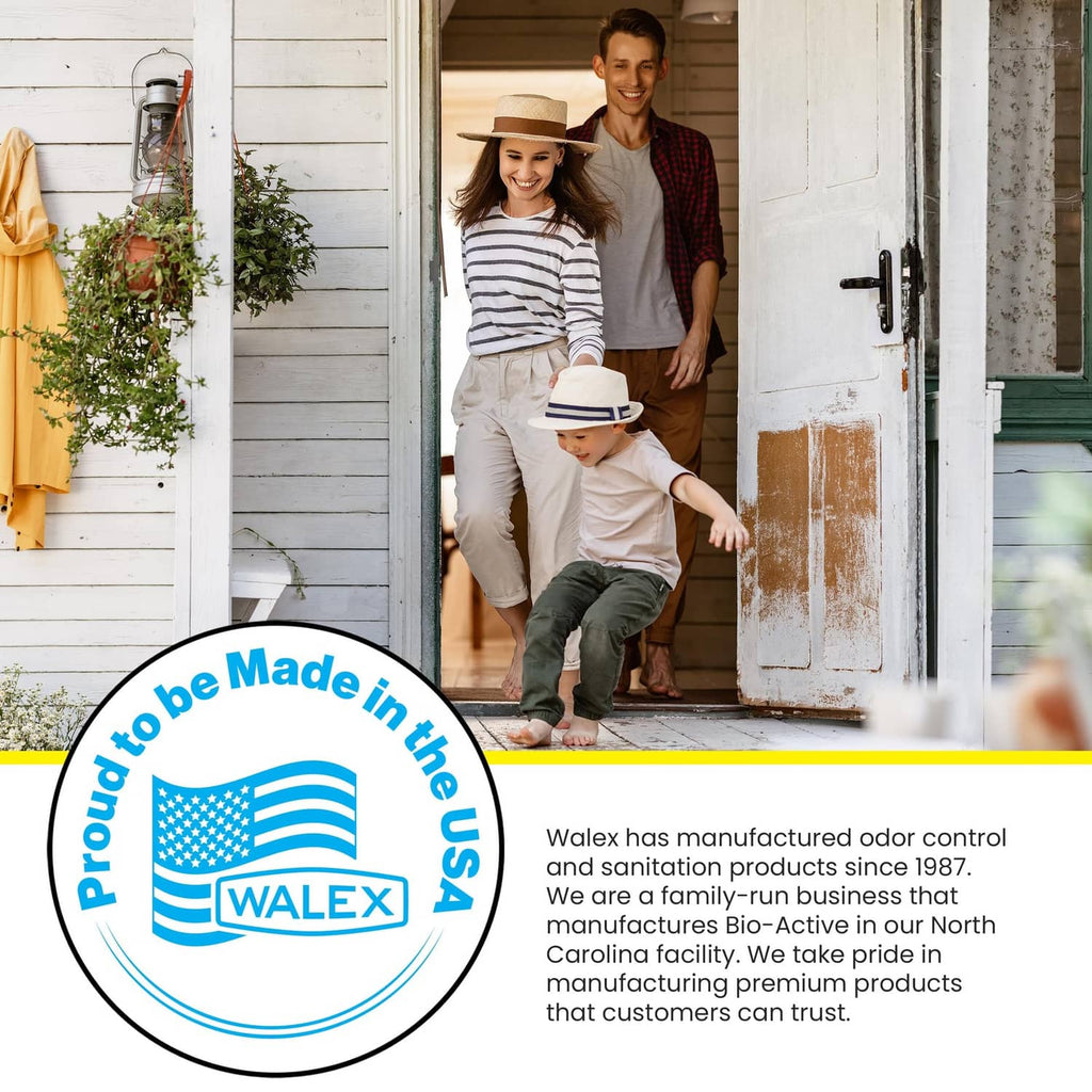 Family in front of a home with WALEX logo badge for septic tank treatment