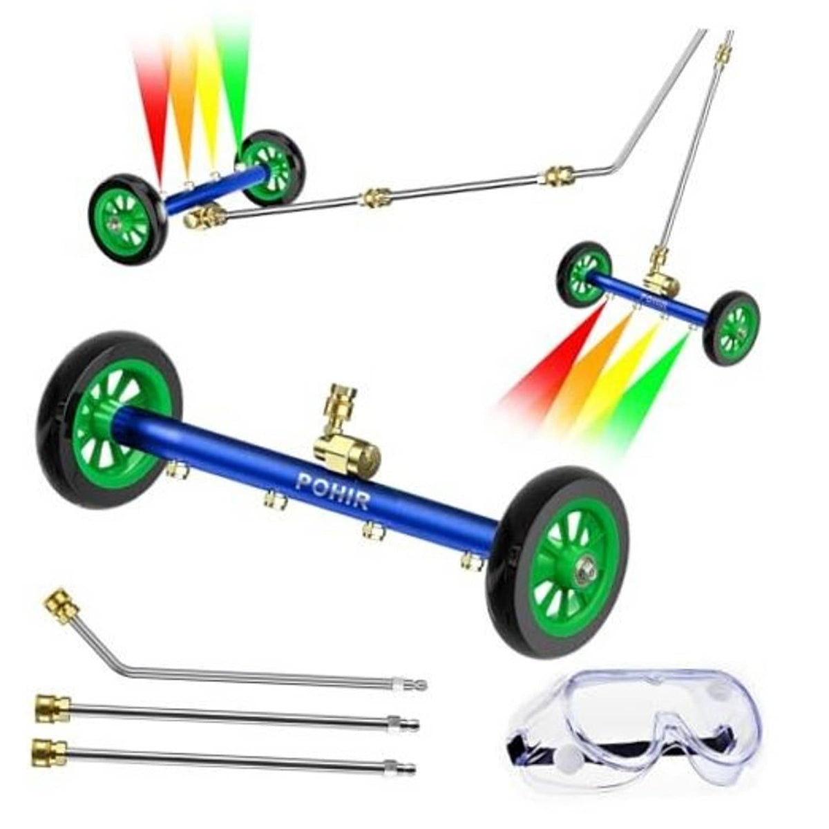 Blue undercarriage pressure washer surface cleaner attachment with green wheels and brass fittings