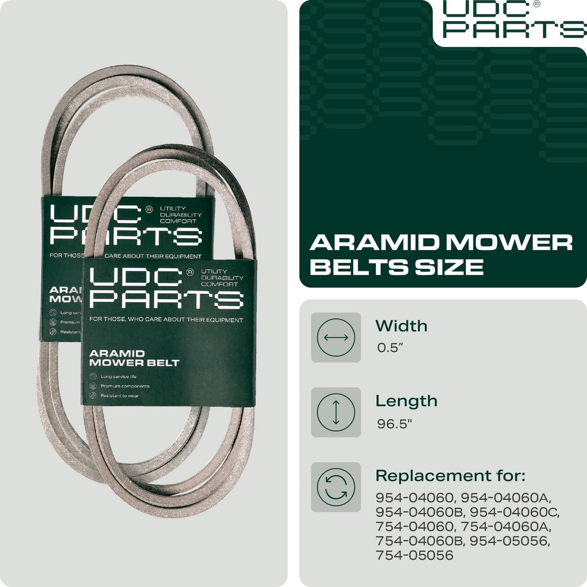 Gray aramid mower belt with size and replacement information
