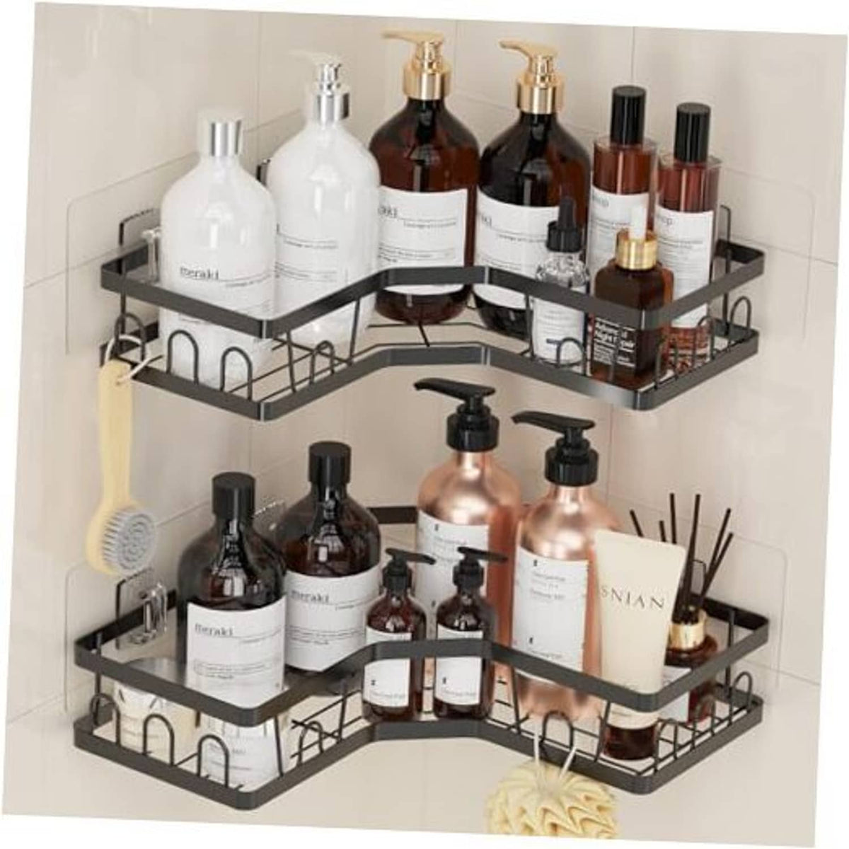 Corner shower caddy set with two black corner shelves and hooks for toiletries