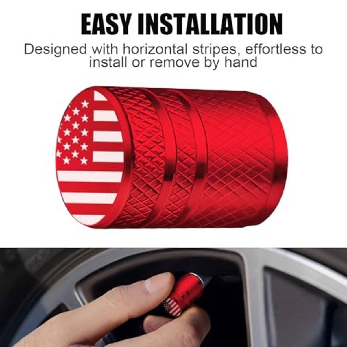 Red aluminum valve stem cap with American flag face and embossed grip, in hand