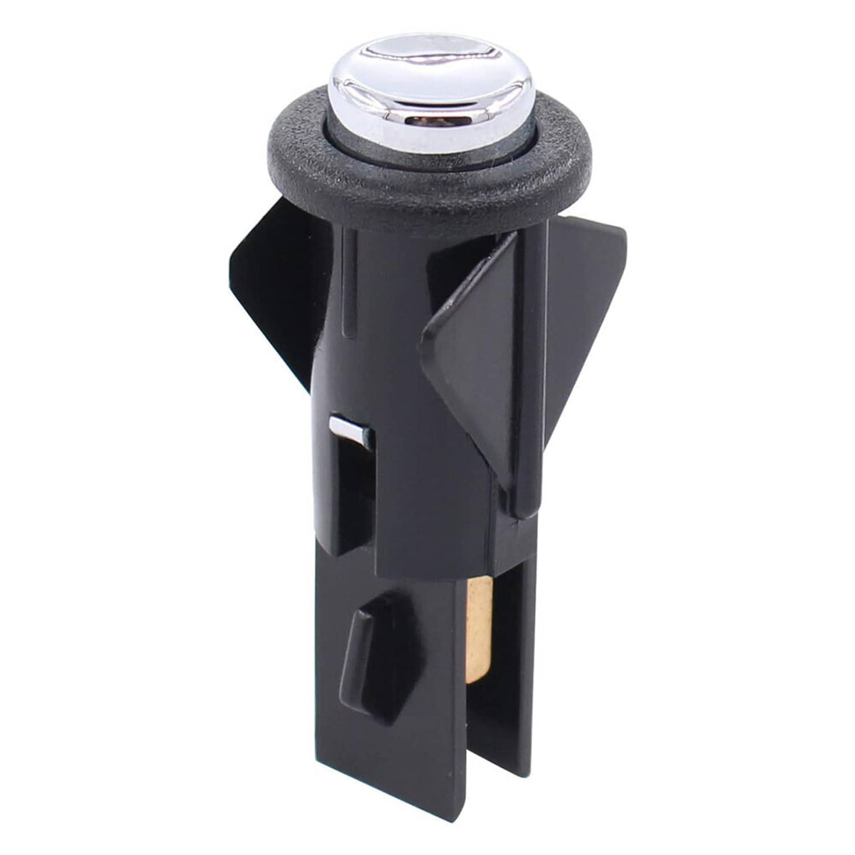 Fuel door release switch with black body and chrome-topped push button, side view