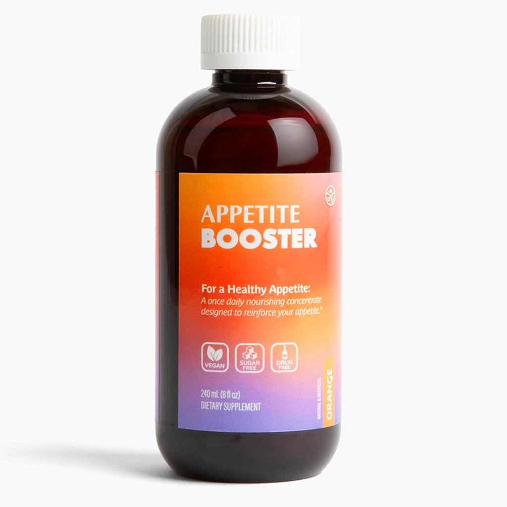 Appetite Booster dietary supplement bottle with orange front label and white ribbed cap