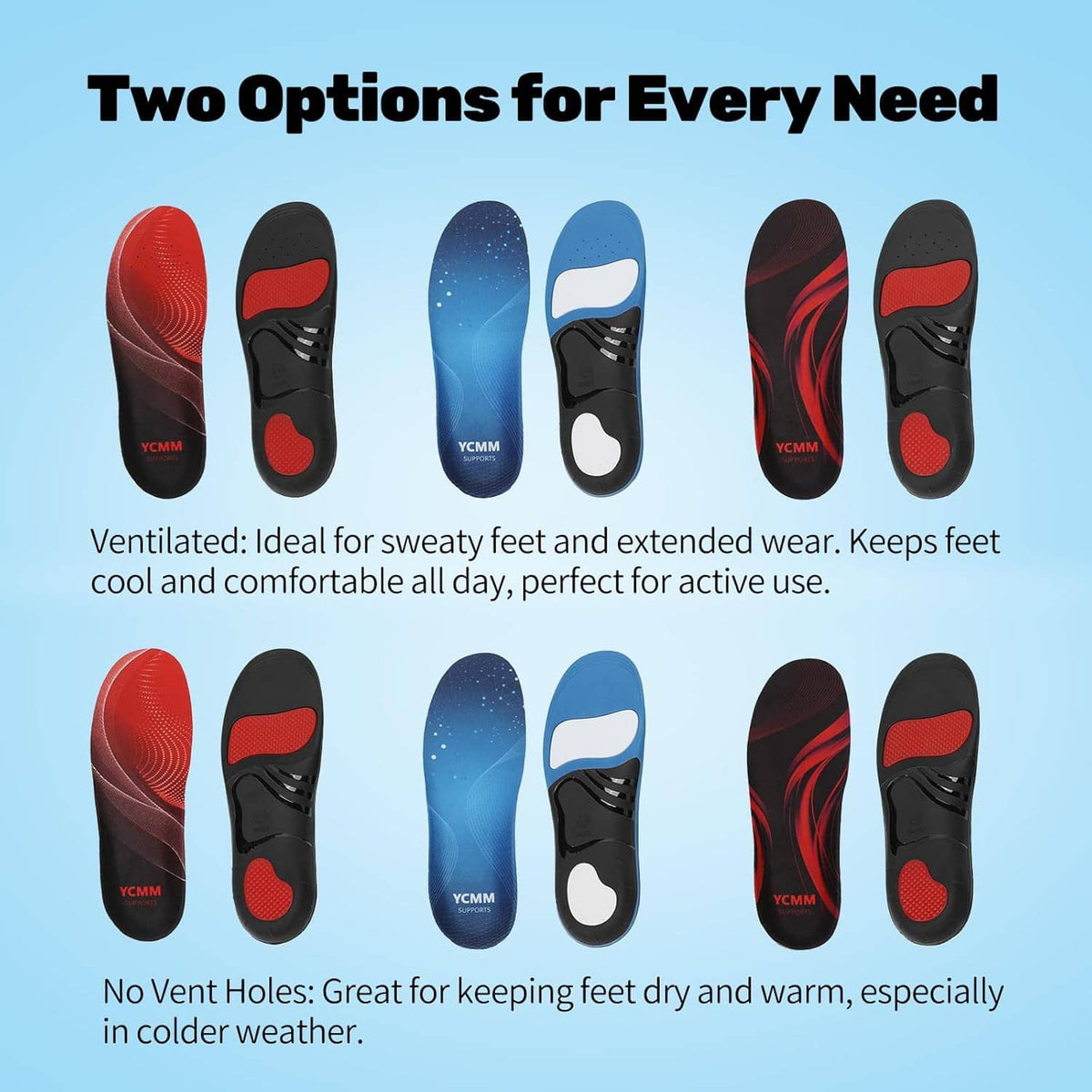 Orthotic insole set with red and black designs, multiple color options shown