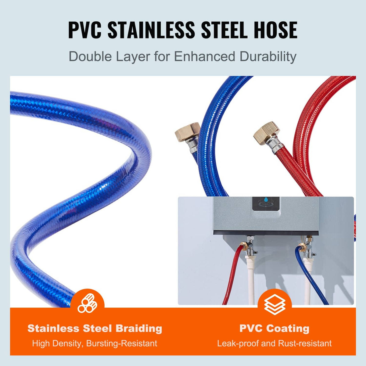 PVC stainless steel braided hose set with blue and red lines and brass coupler fittings