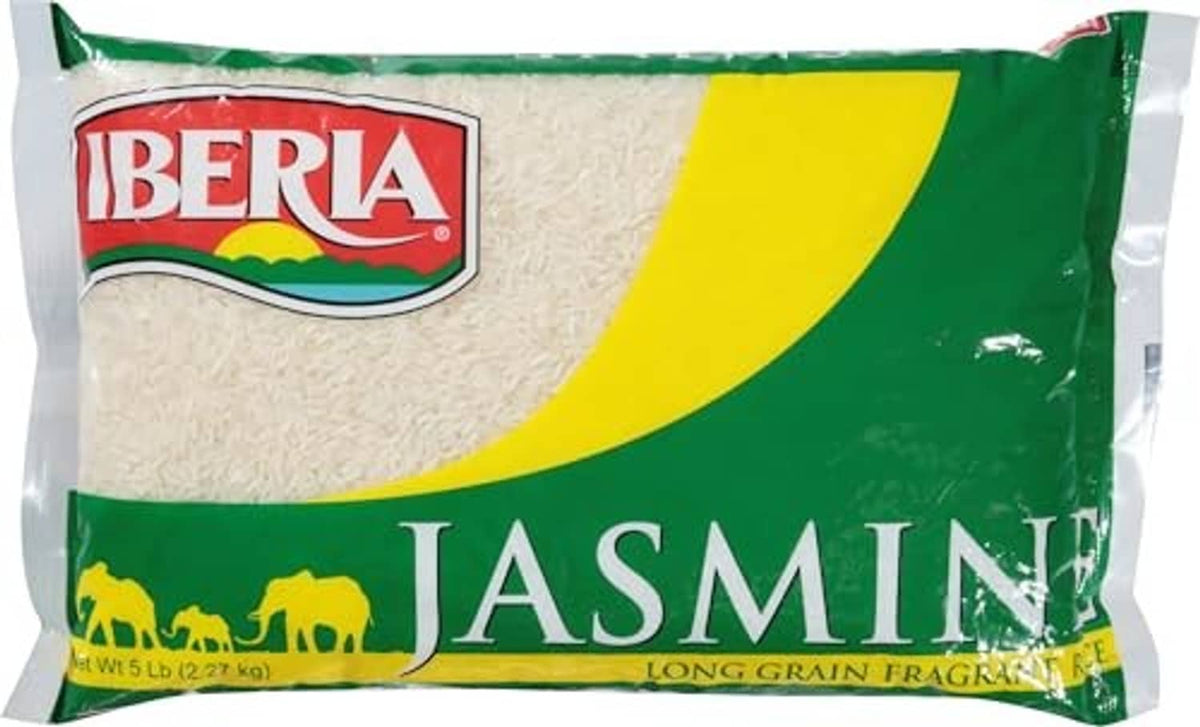 Iberia jasmine long-grain rice bag, front view in green-and-yellow packaging