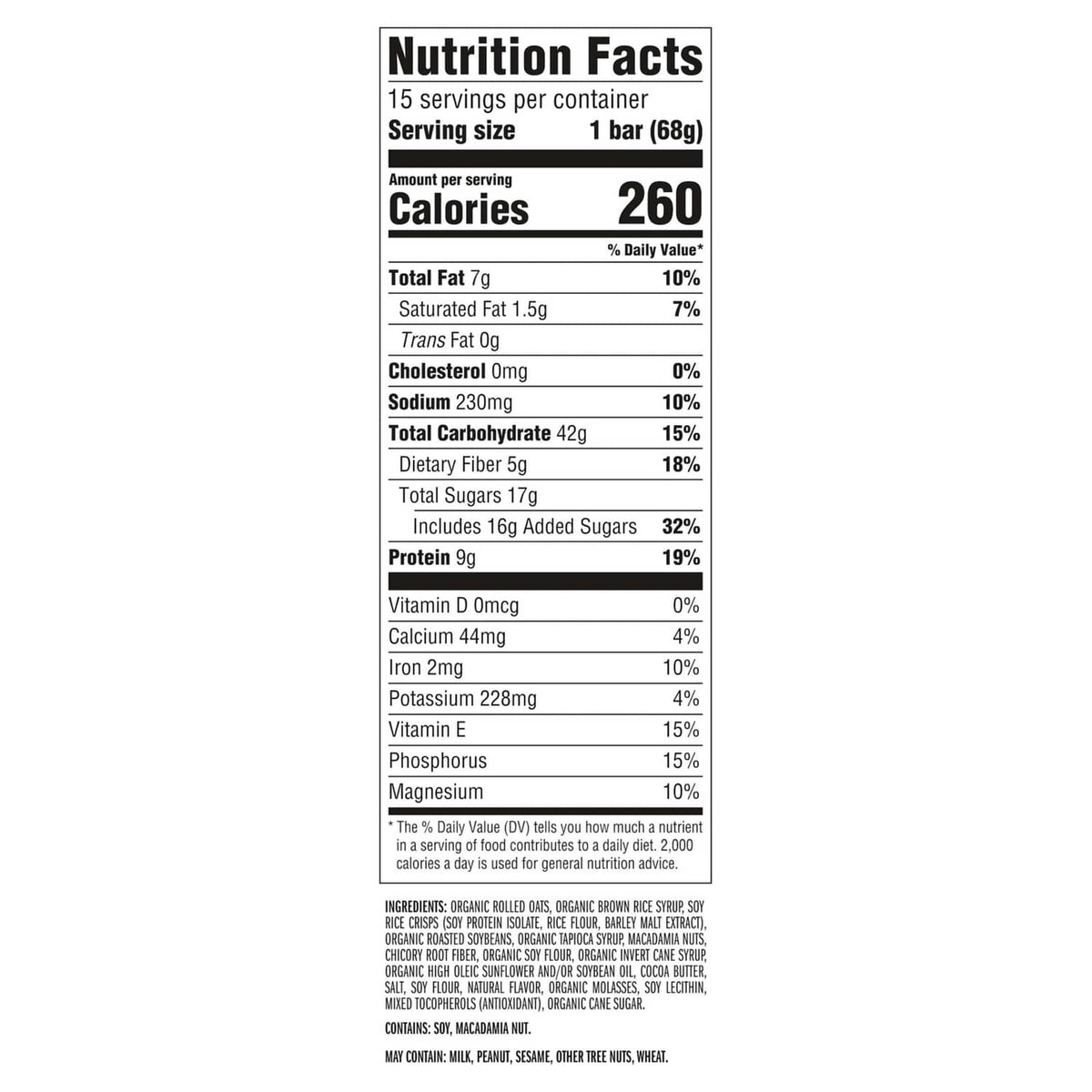 CLIF Bar nutrition facts panel for 1 bar, 260 calories