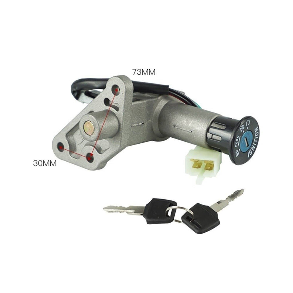 Ignition switch with 73mm and 30mm markings, cylinder, and key set