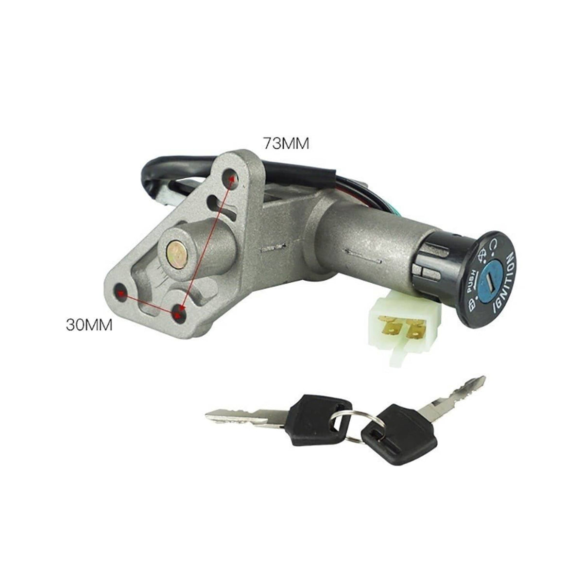 Ignition switch with 73mm and 30mm markings, cylinder, and key set