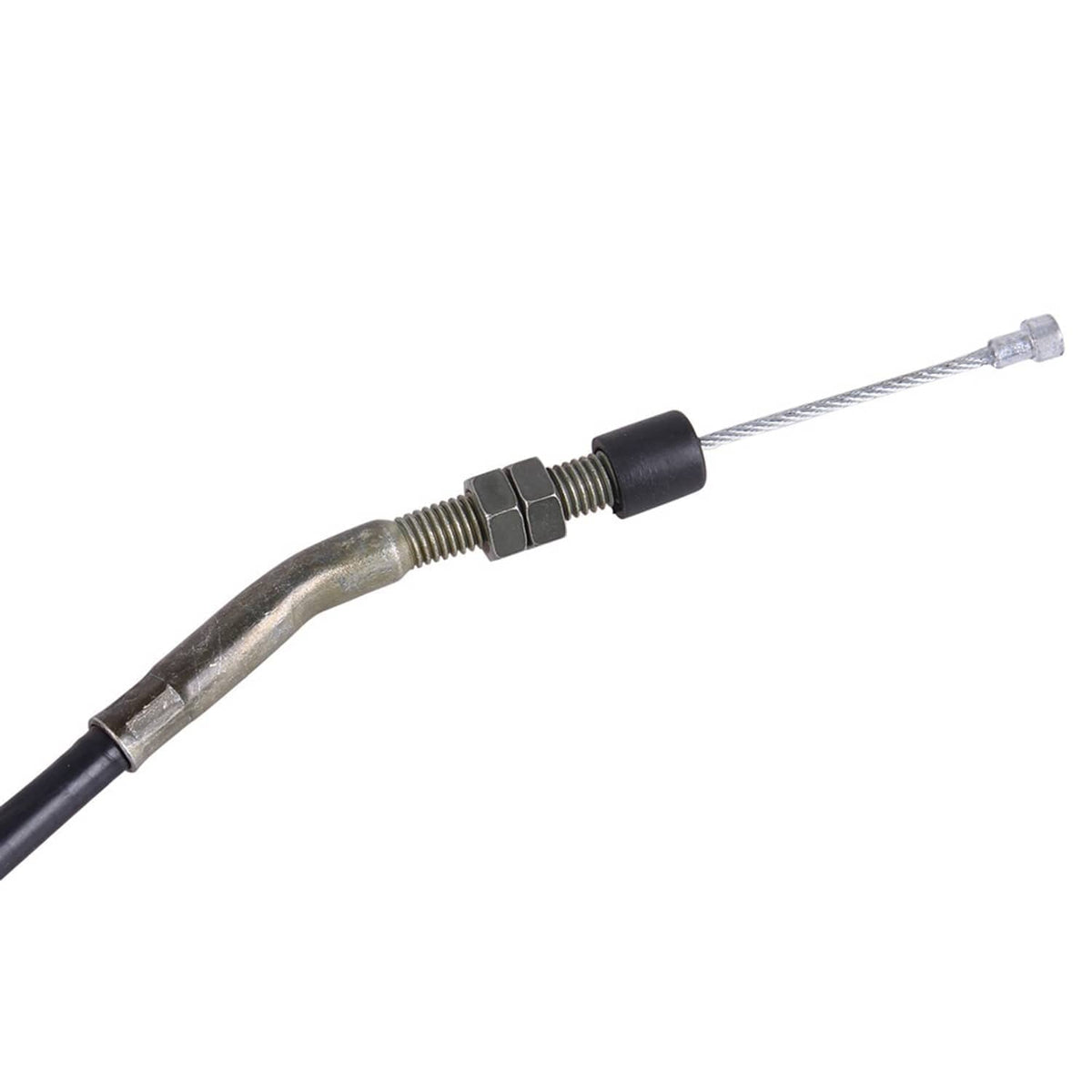 Cable end with black connector, threaded collar, and braided wire with clear cap