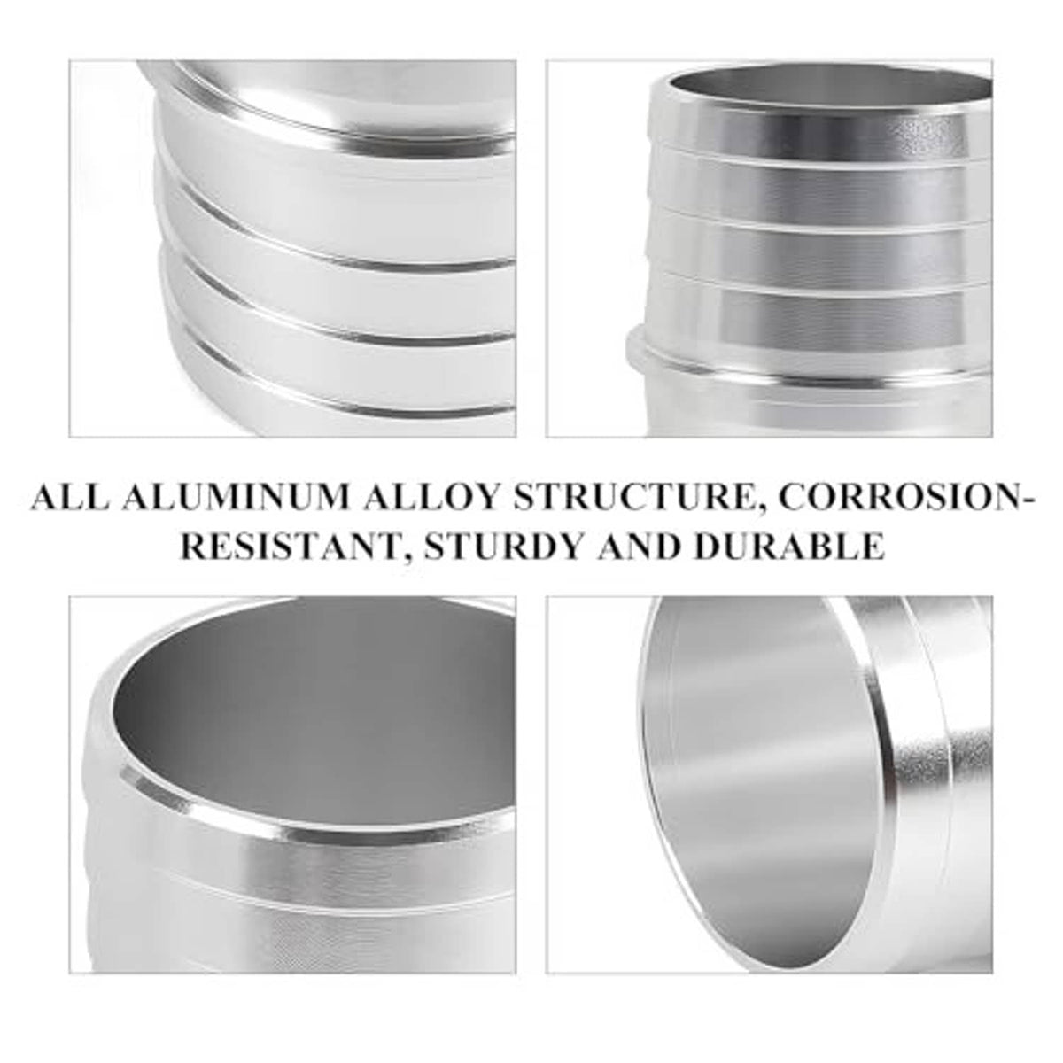 Silver aluminum radiator hose barb fitting, ribbed exterior with smooth inside