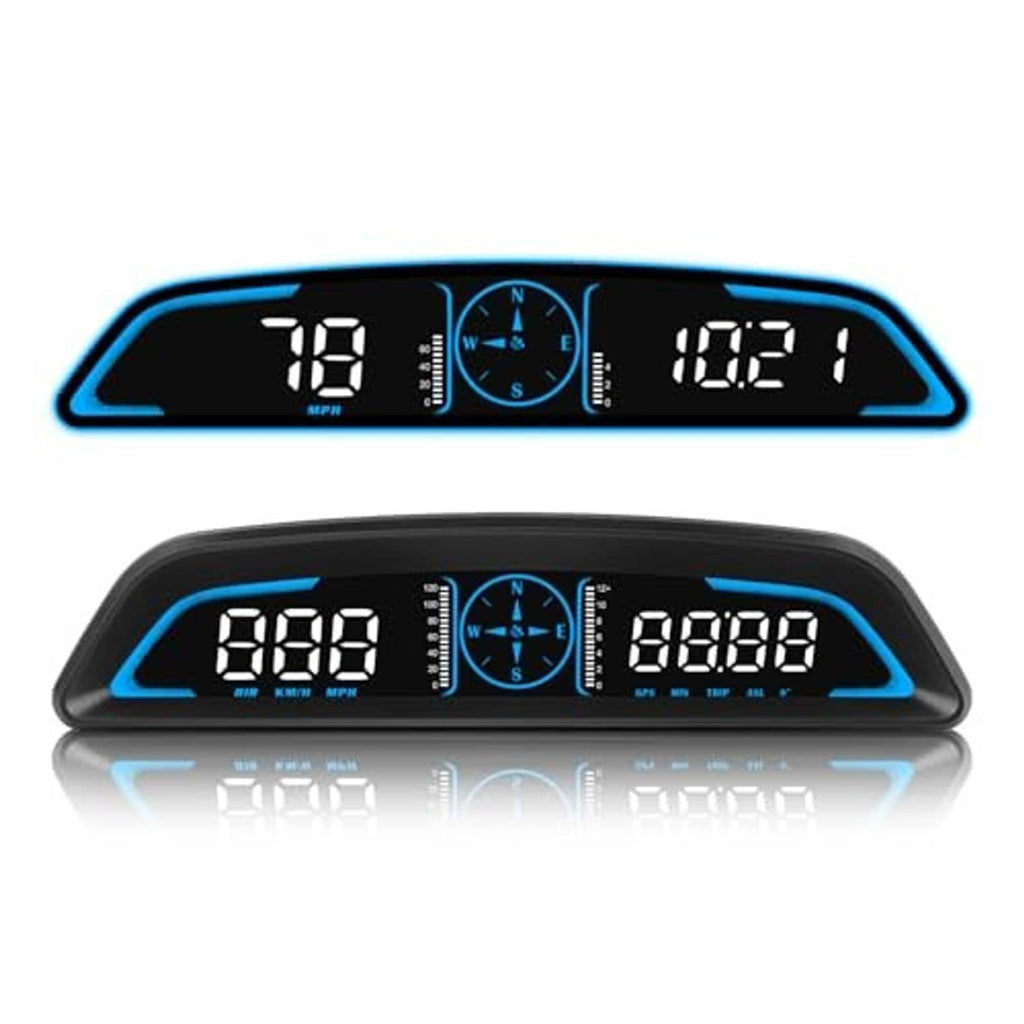 Black car head-up display with blue edge light and digital speed, compass, MPH readout