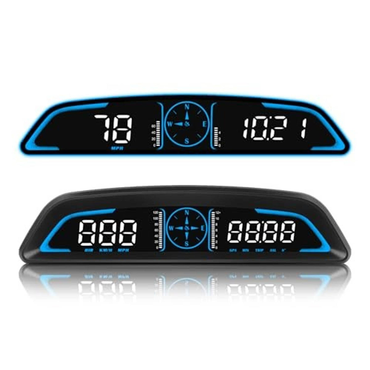 Black car head-up display with blue edge light and digital speed, compass, MPH readout