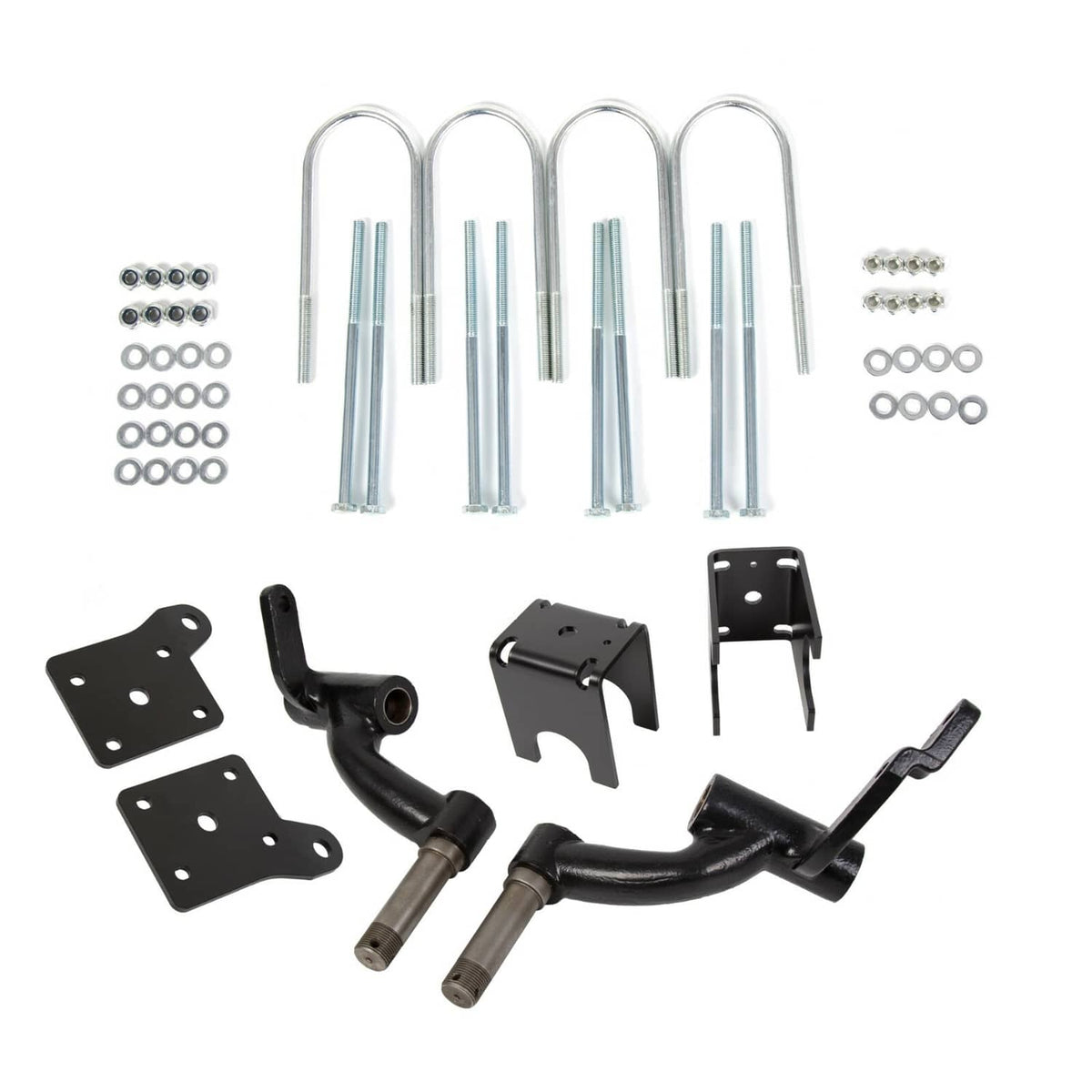 Golf cart lift kit parts kit with drop spindles, arms, and hardware assortment