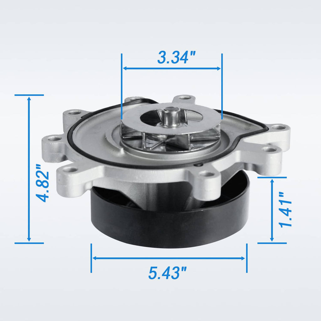 Engine water pump assembly showing black belt pulley and green-sealed core on silver housing