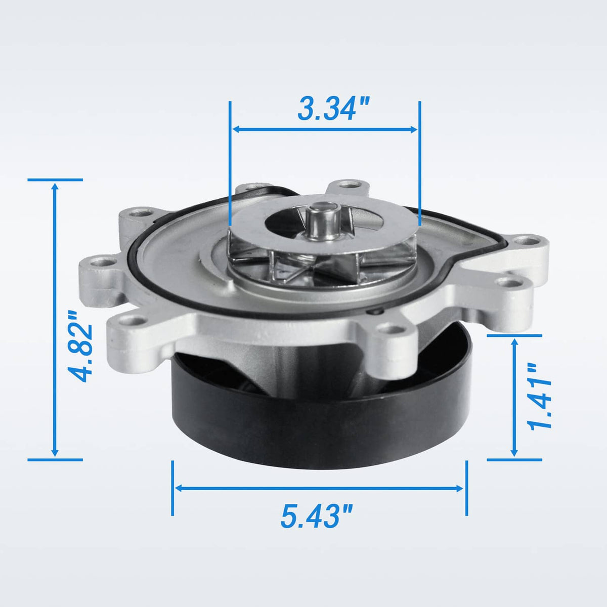 Engine water pump assembly showing black belt pulley and green-sealed core on silver housing