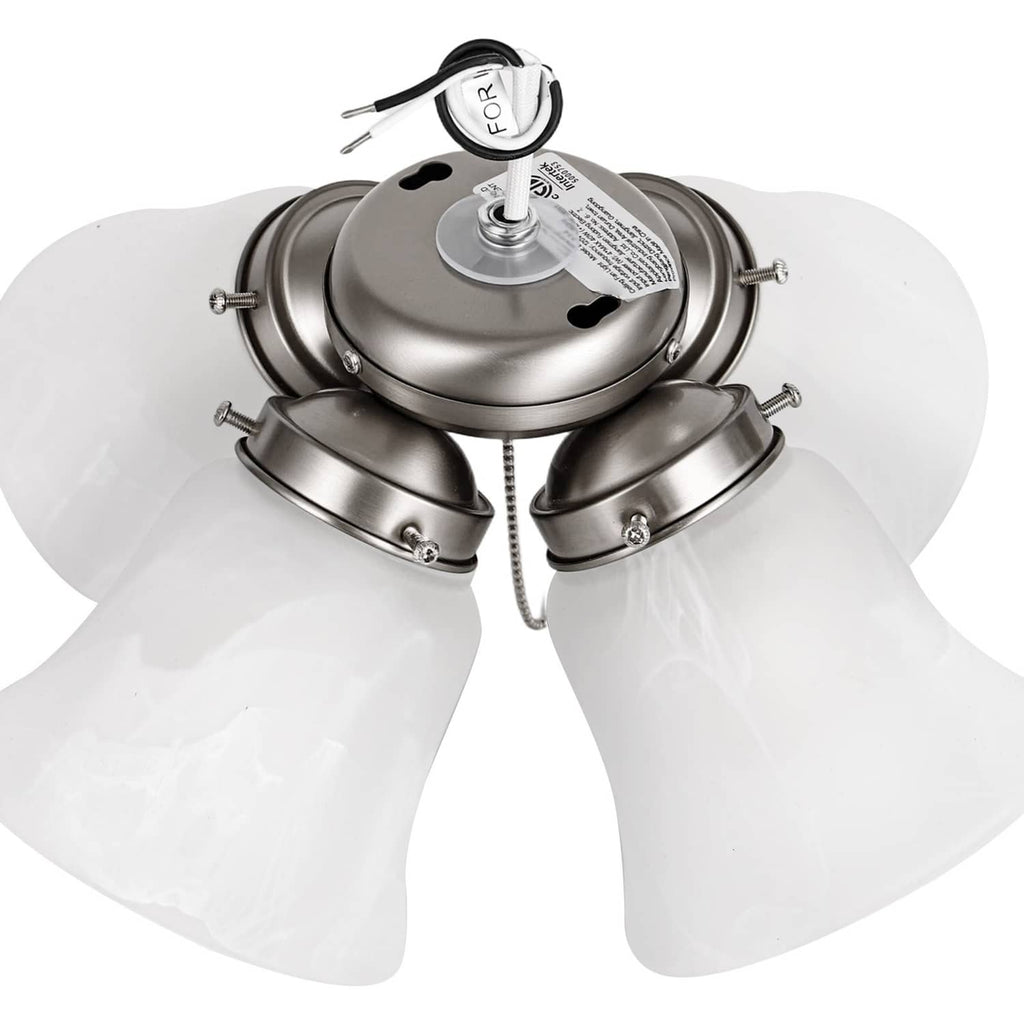 Ceiling fan light kit with four white shades and brushed metal canopy, top view