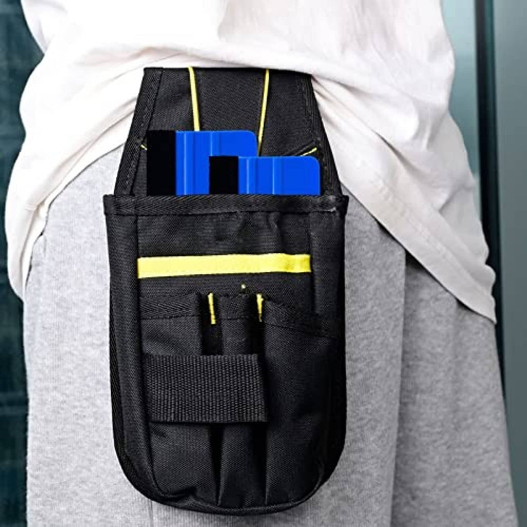 Black fabric tool pouch holding multiple blue ribbed felt squeegees