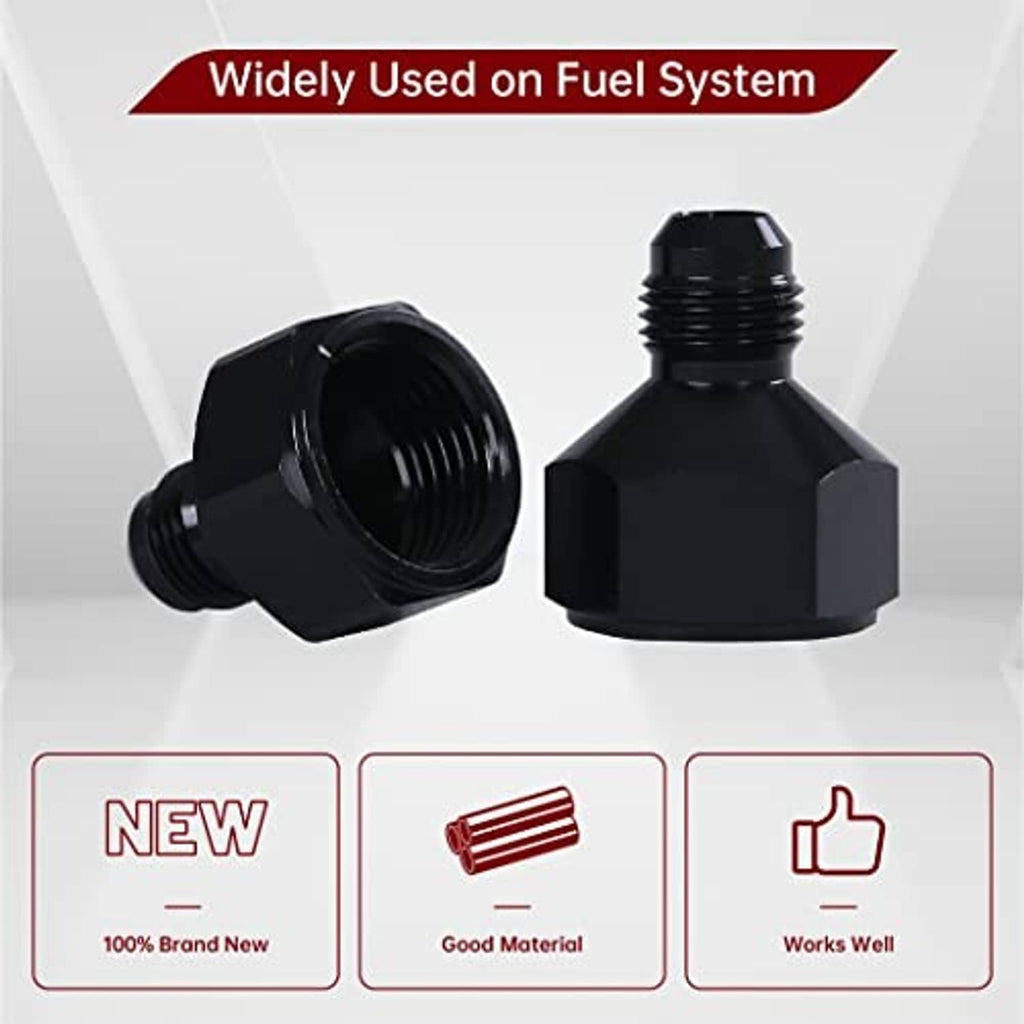 Two black AN flare reducer adapters with external threads on tapered hex ends