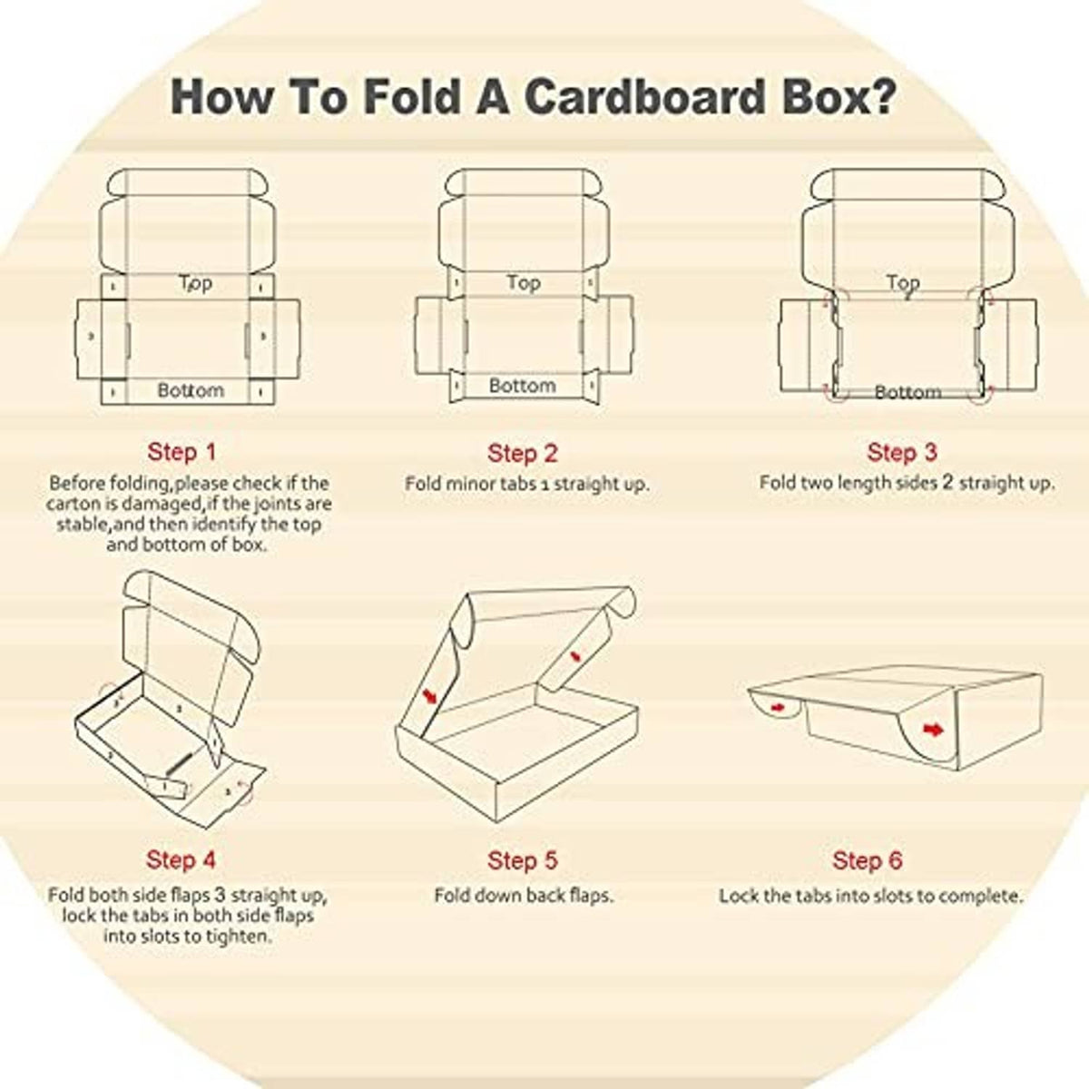 Foldable cardboard shipping box diagram with step-by-step folding panels