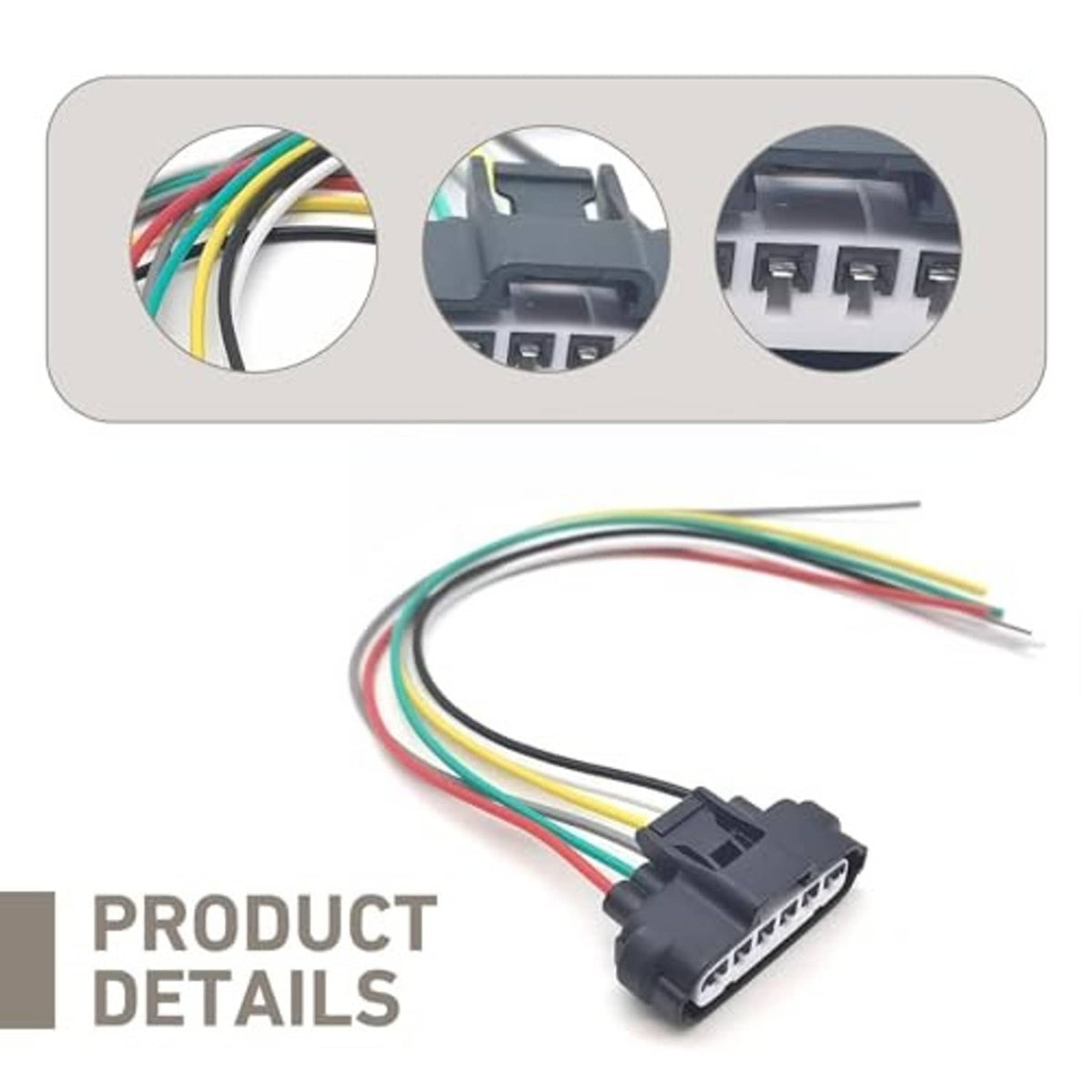 6-pin wiring harness plug with multicolor wires, shown with detail close-ups