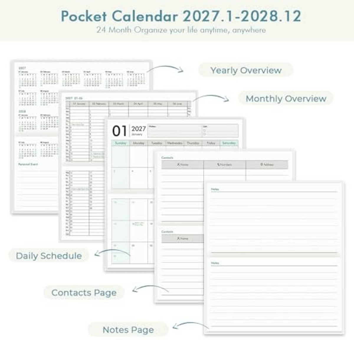 Pocket calendar layout showing yearly, monthly, daily schedule, contacts, and notes pages