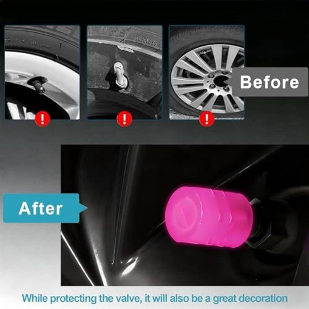 Close-up of a pink glowing tire valve cap covering the valve stem