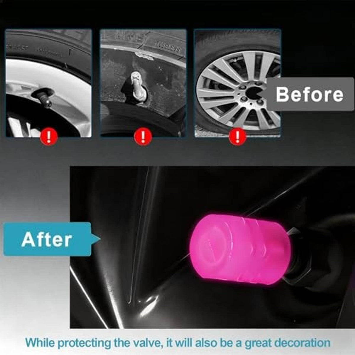 Close-up of a pink glowing tire valve cap covering the valve stem