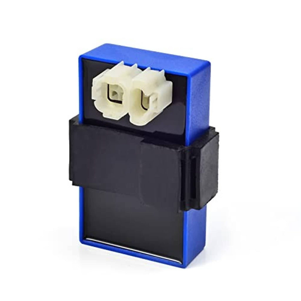 Compact CDI ignition module with blue casing and white multi-pin electrical connector