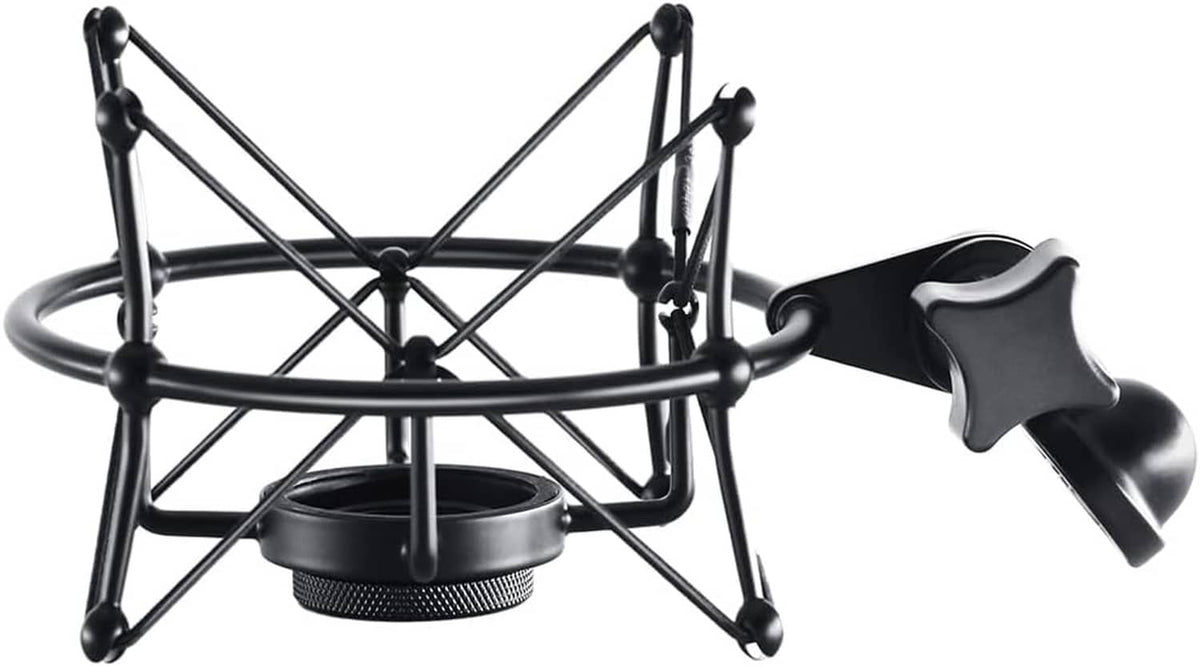 Black metal microphone shock mount with star tightening knob and round base