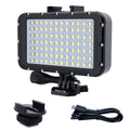 Black rectangular LED dive light with front panel, clamp mount, and power cable
