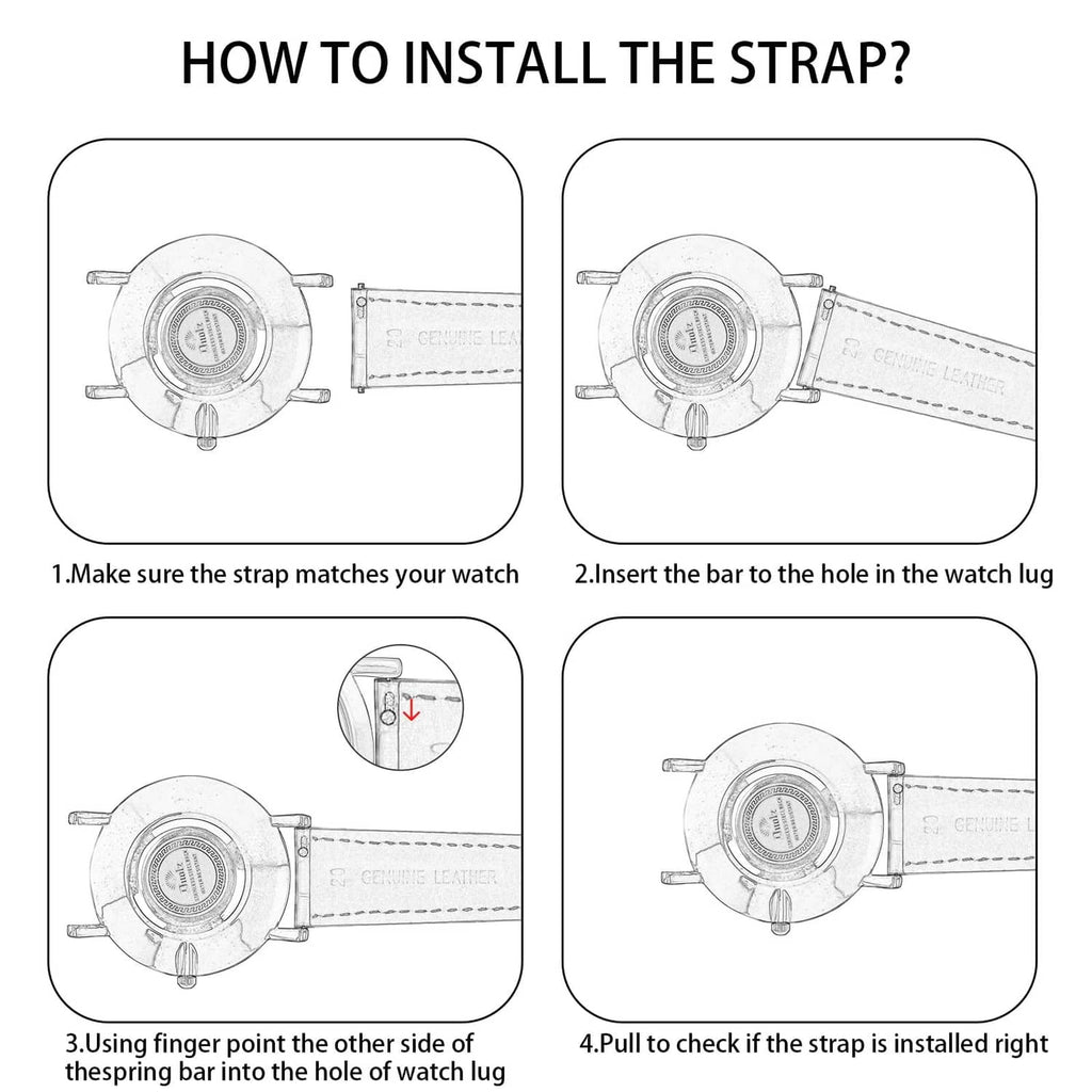 Watch band installation steps diagram for inserting the strap into the watch lugs