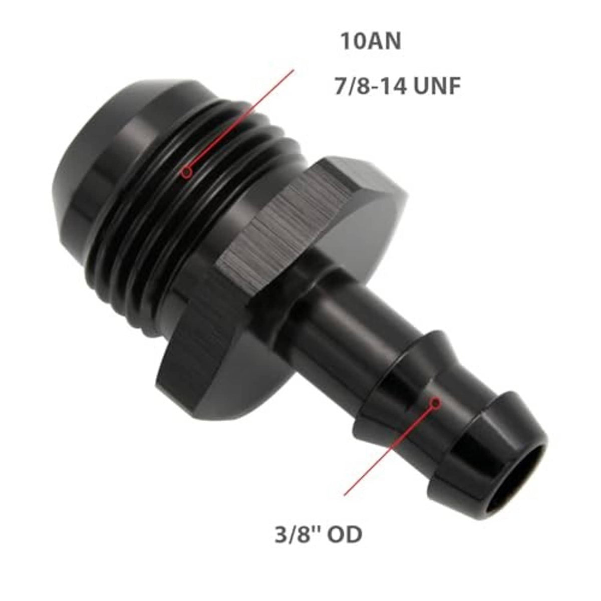 Black 10AN male to 3/8" push hose barb fitting, 7/8-14 UNF threads shown
