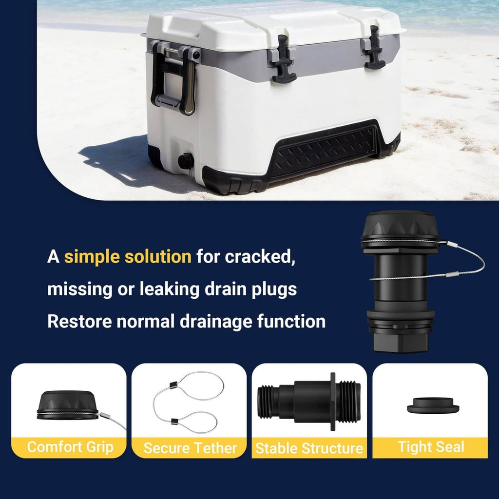 Black cooler drain plug replacement with tether cable and tight-seal cap