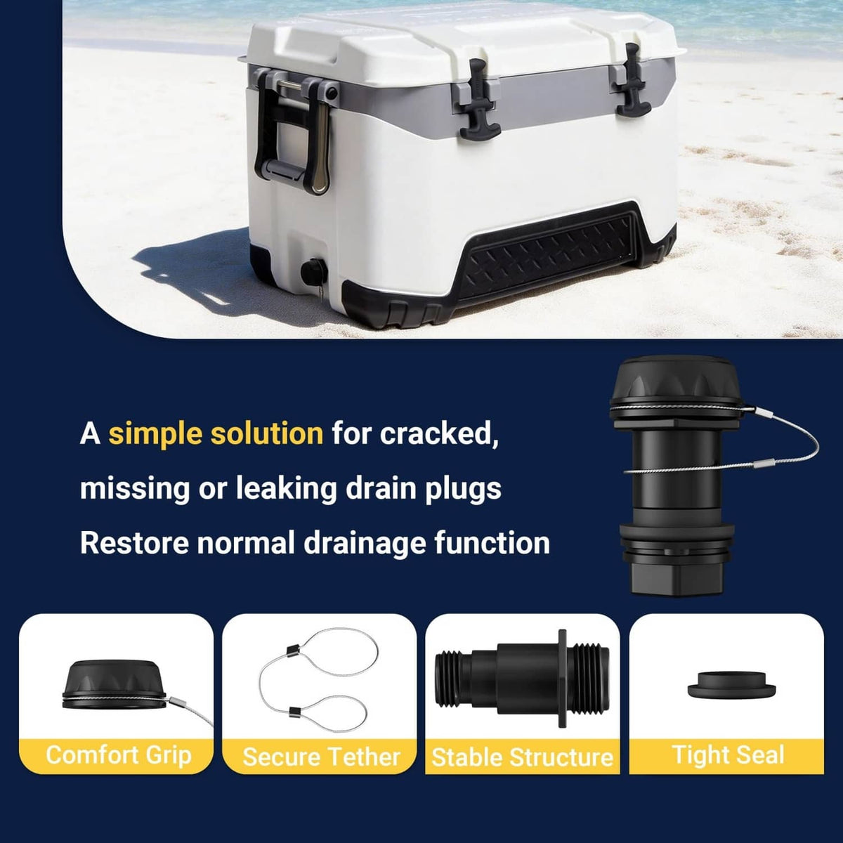 Black cooler drain plug replacement with tether cable and tight-seal cap