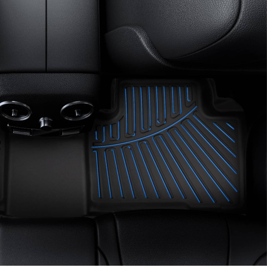 Black all-weather rear floor mat with blue grip lines and raised channels