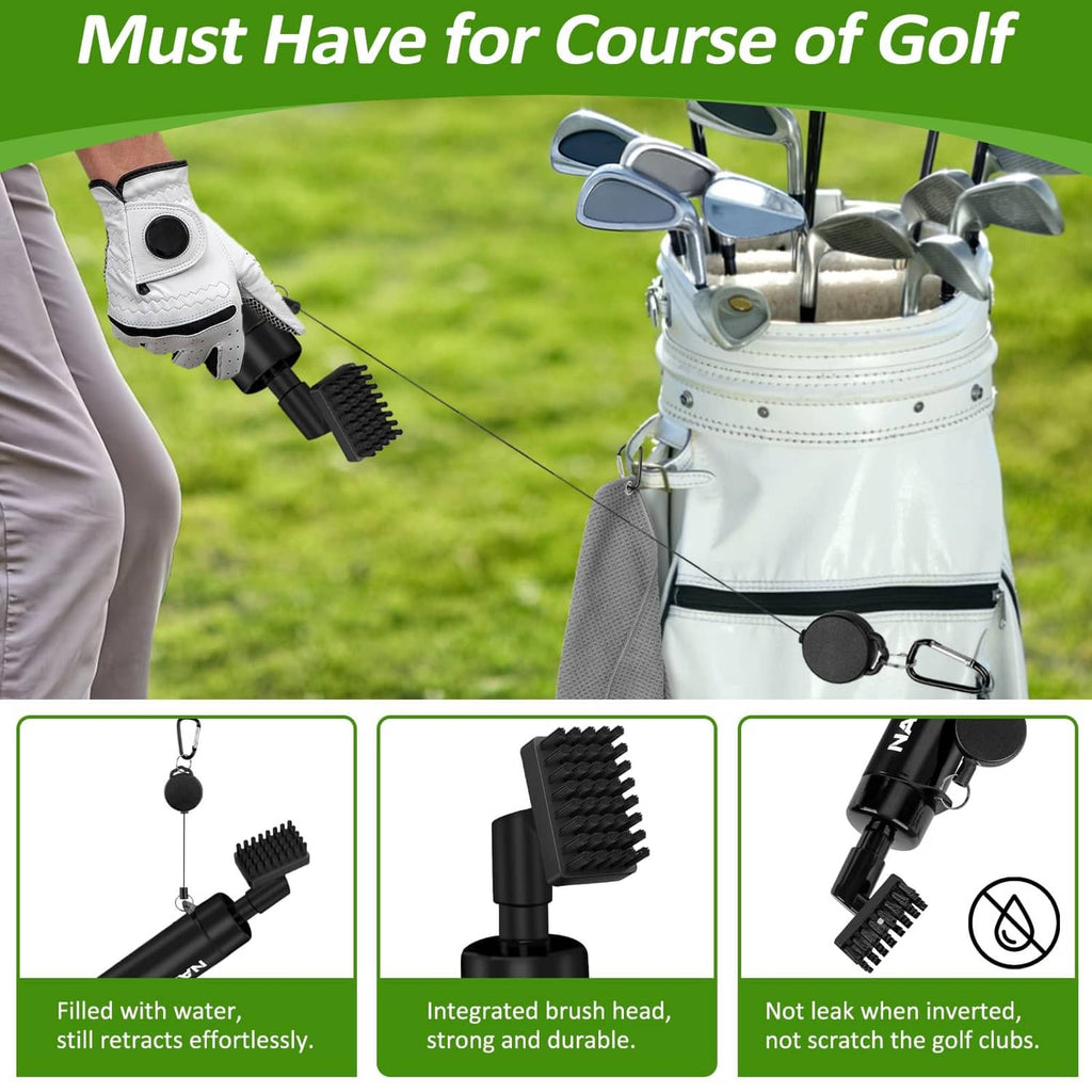 Golf club water brush with black bristles hanging from a carabiner