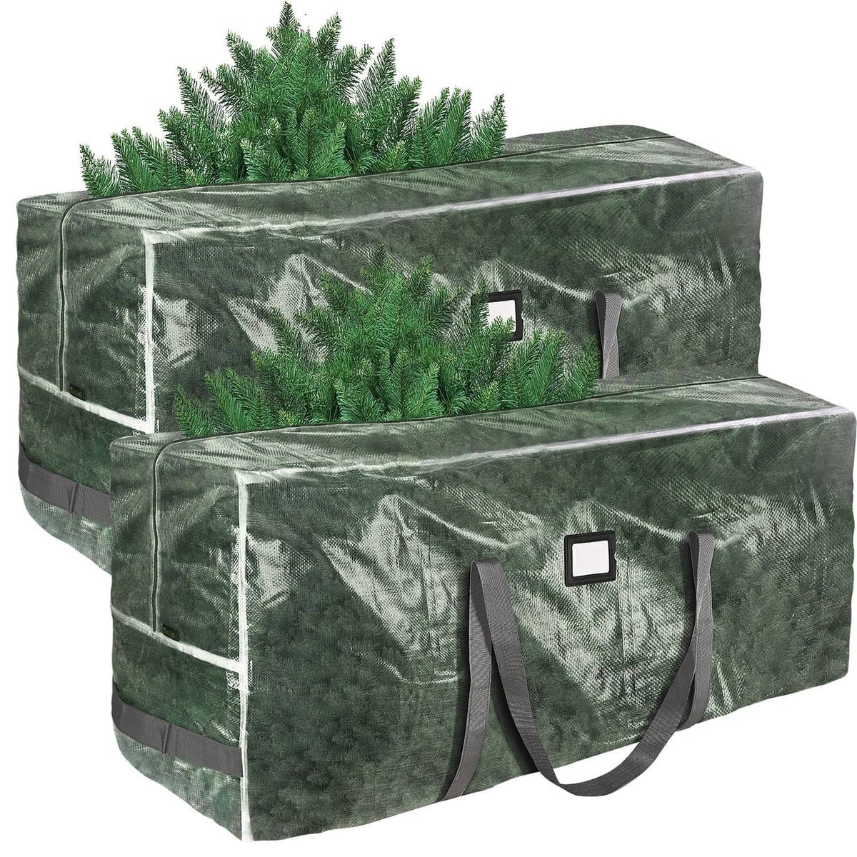Christmas tree storage bag set, dark green fabric with clear window and carry handles