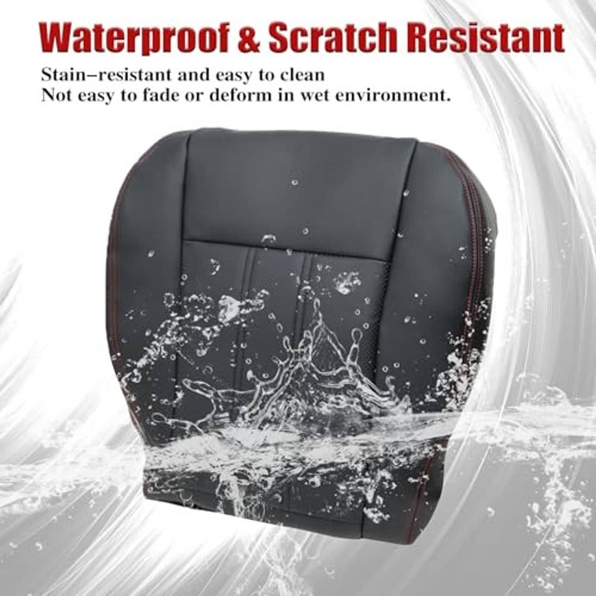 Black waterproof seat cover replacement with red-stitched seams and perforated insert panel.